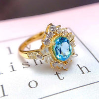 S925 Sterling Silver Inlaid Swiss Blue Topaz  Gem Fashion Ring