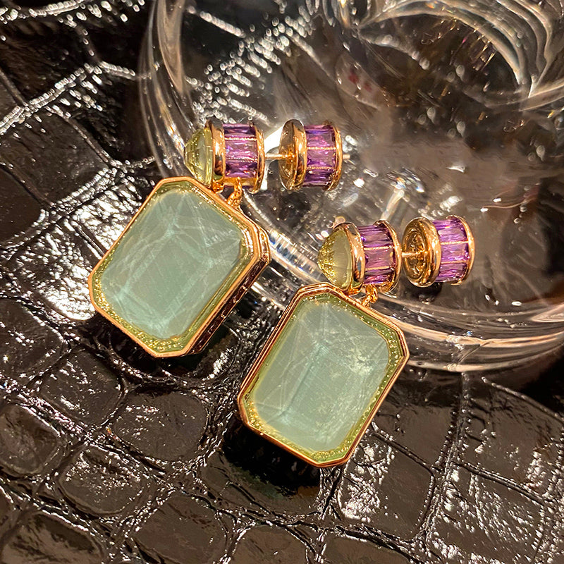 Simple Retro Light Green Jade Purple Diamond Earrings