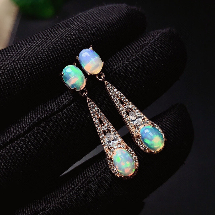 Women's Inlaid Natural Opal Silver Stud Earrings