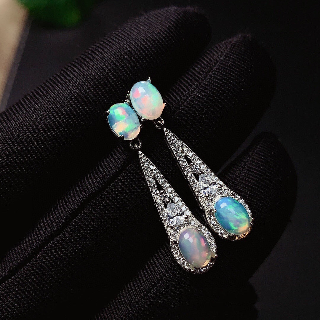 Women's Inlaid Natural Opal Silver Stud Earrings