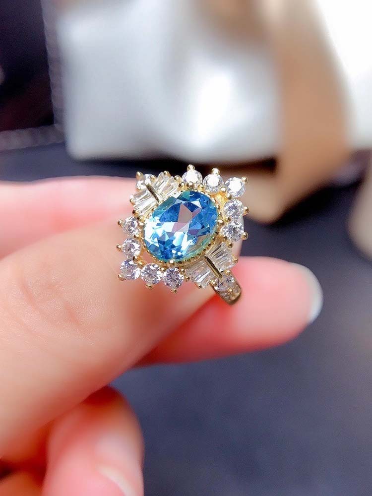 S925 Sterling Silver Inlaid Swiss Blue Topaz  Gem Fashion Ring