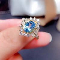 S925 Sterling Silver Inlaid Swiss Blue Topaz  Gem Fashion Ring