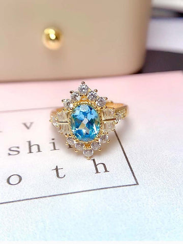 S925 Sterling Silver Inlaid Swiss Blue Topaz  Gem Fashion Ring