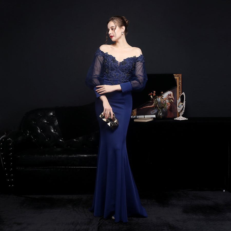 Full Craft Lace Hot Long-sleeved Evening Dress Tail Skirt